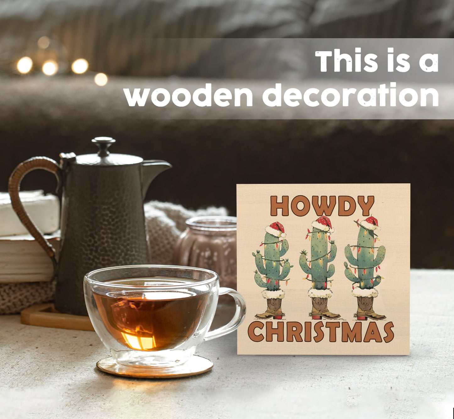 Nitelat Howdy Christmas Western Cactus Cowgirl Boots Wooden Box Sign, Country Christmas Wood Signs For Home Office Desk Shelf Table Decor, Western Decorations, 5x5 Inch