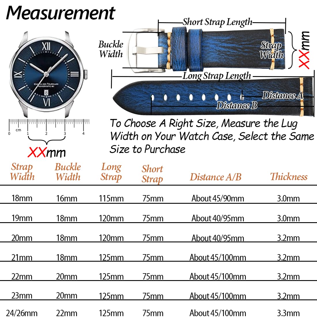 REZERO Leather Watch Bands, Tanned Leather Watch Straps, Black/Brown/Blue/Red/Green/Grey Watch Bands Replacement with Black/Silver/Gold/Rose Gold Buckle for Men, Women 18/19/20/21/22/23/24/26mm