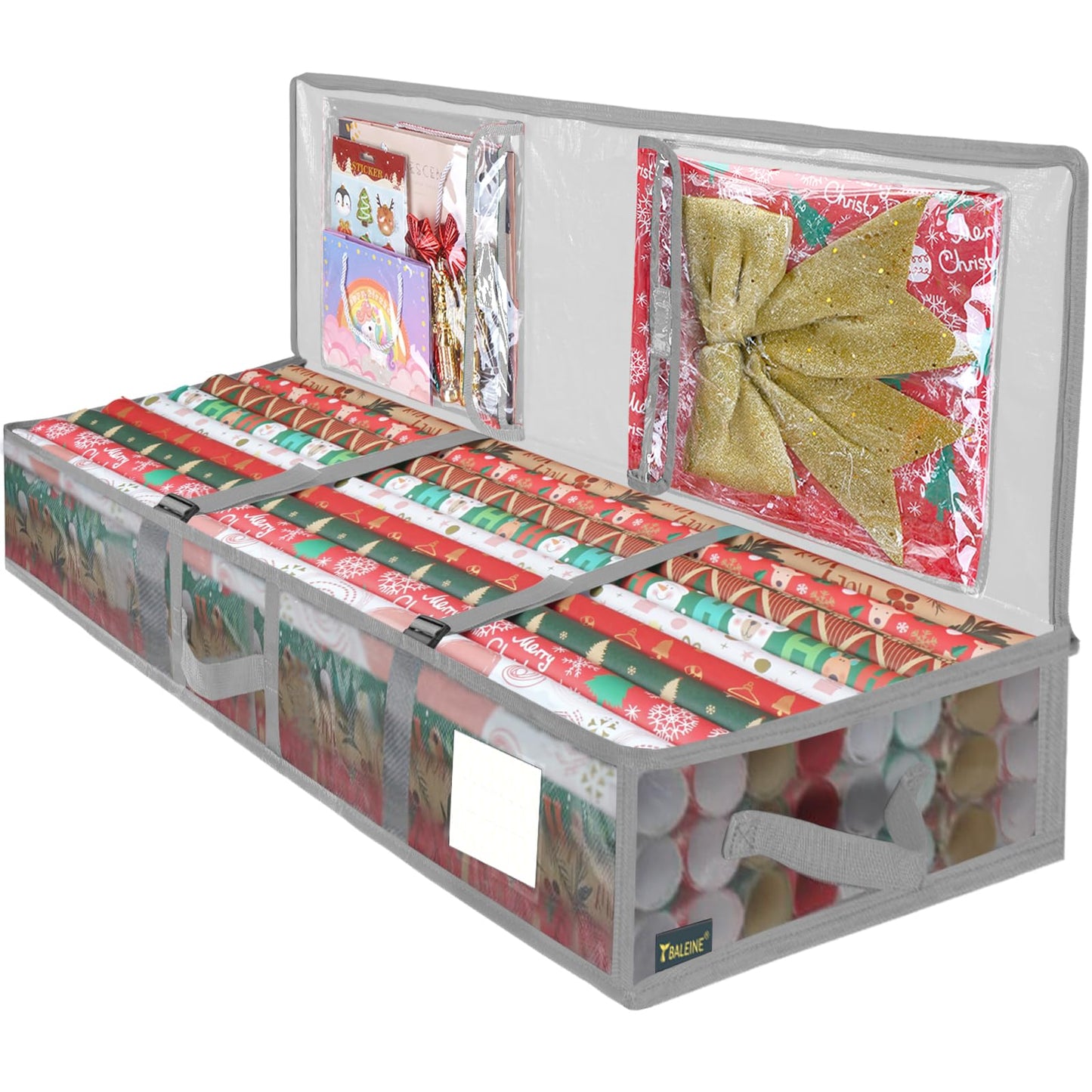 BALEINE Soft Christmas Wrapping Paper Storage Bag, 40" Durable PE Gift Wrap Storage Bag with Flexible Partitions and Pockets for Ribbon, Accessories (Transparent)