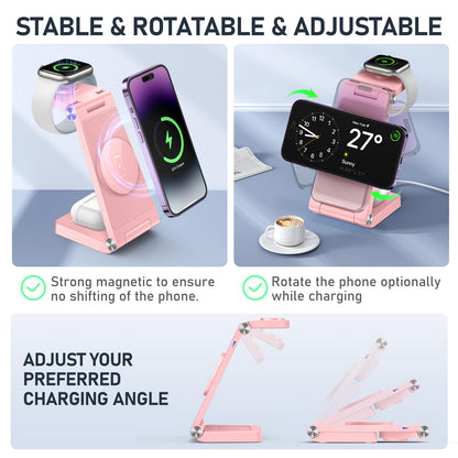 Magnetic Wireless Charger Stand, 3 in 1 Foldable Wireless Charging Station with 20W Adapter, Travel Charger for Multiple Devices for iPhone 17 16 15 14 13 12 Pro/Max/Plus/Mini, iWatch, AirPods