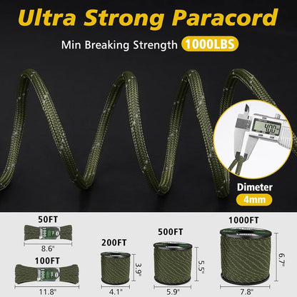 Reflective Paracord 1000lb - Heavy Duty 4mm 13 Strand Rope for Camping, Fishing, Hiking | Black 50/100/200/500/1000ft