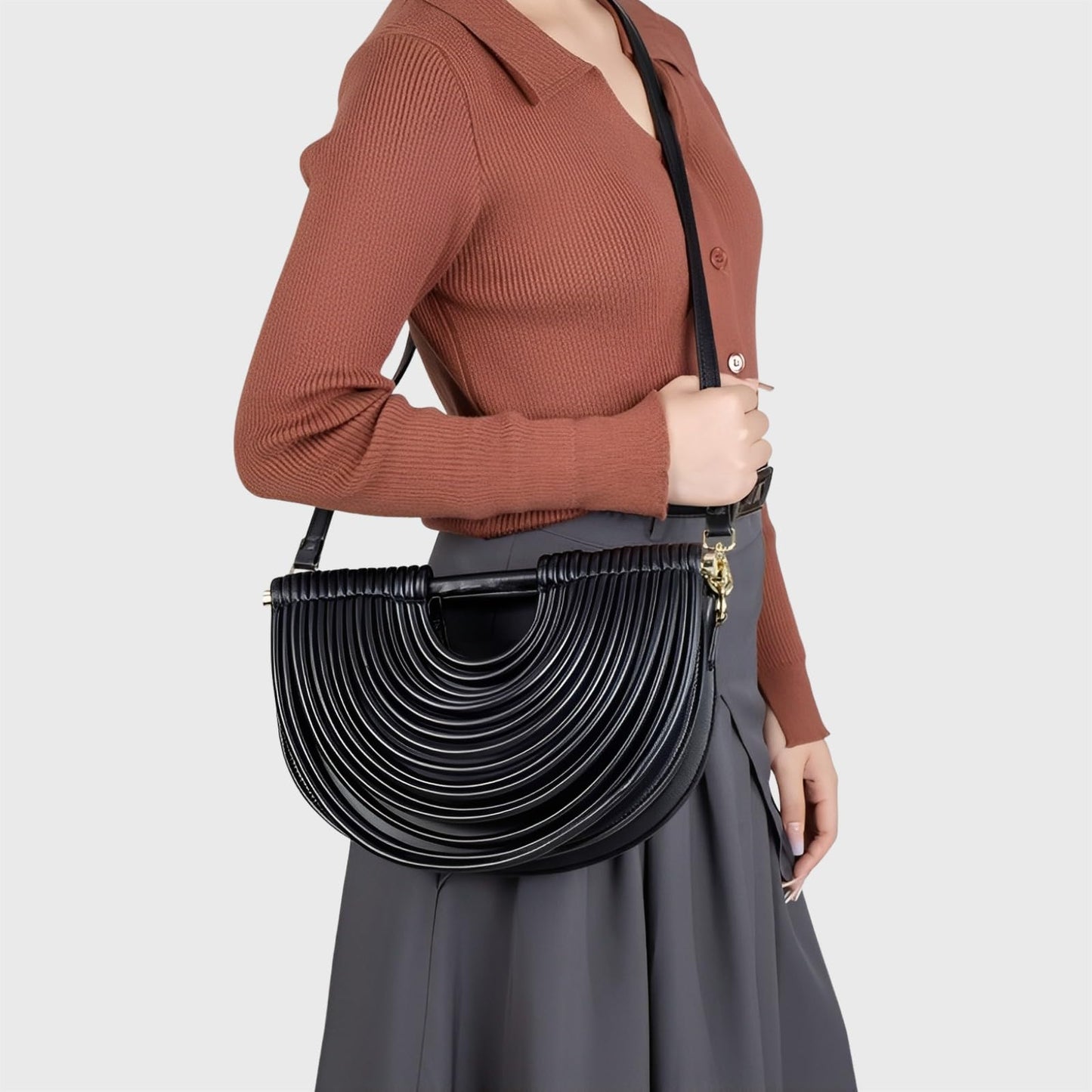FUTTSPAI Elegant Half Round Chinc Woven PU Leather Lou Top Handle Bag for Women Formal Evening Clutch Purses,Black