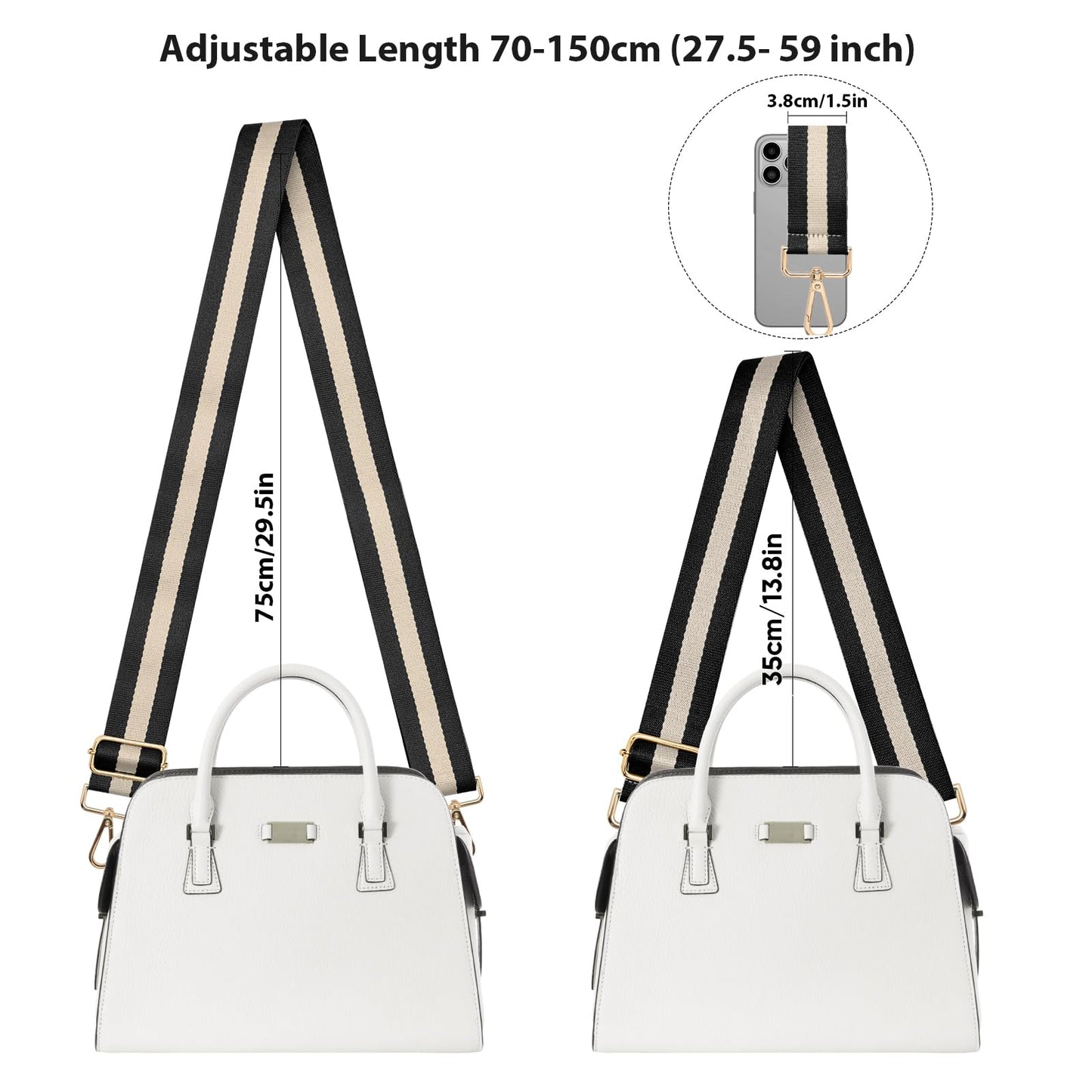 Muteffcase Purse Strap Replacement Crossbody, Wide Shoulder Bag Strap for Handbag, Tote Strap Adjustable (1.5 inch Gold - White/Black)