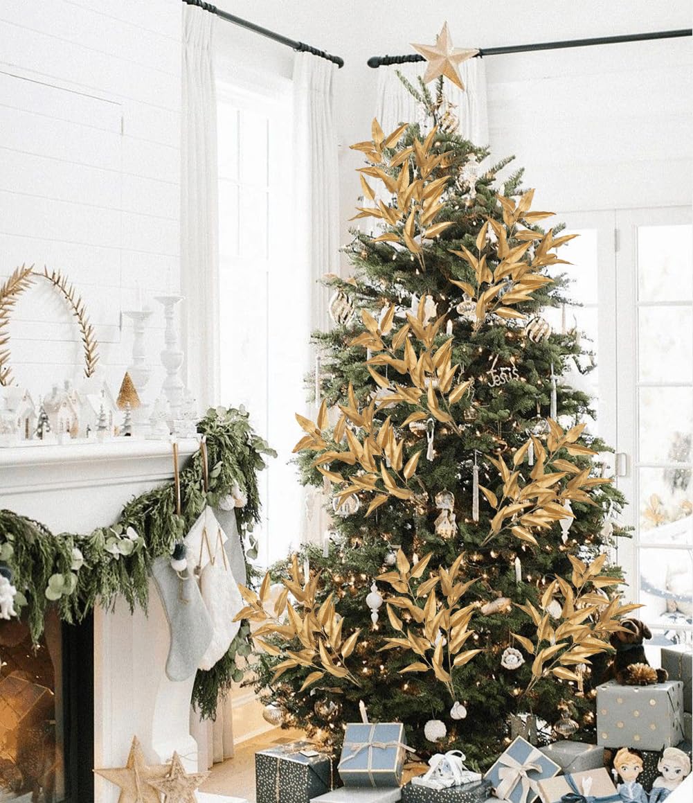 Hollyone 32” Christmas Tree Picks and Sprays 3Pcs Gold Artificial Eucalyptus Stems Eucalyptus Leaves Branches Fake Gold Leaf Floral for Vase DIY Xmas Tree Garland Wreath Centerpieces Wedding Decor