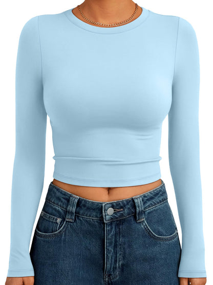 Trendy Queen Womens Long Sleeve Crop Tops Basic Slim Fitted Shirts Fashion 2025 Going Out Y2k Tops Teen Girl Clothes