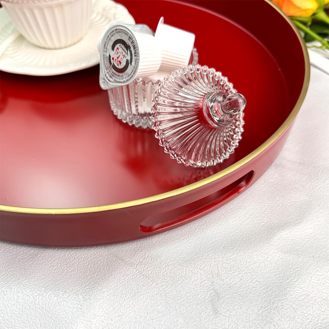 UOEKCS Red Decorative Tray, Serving Tray with Handles, Round Decorative Tray for Coffee Table, 13 Inch Plastic Tray for Ottoman, Living Room, Bathroom, Home Decor.