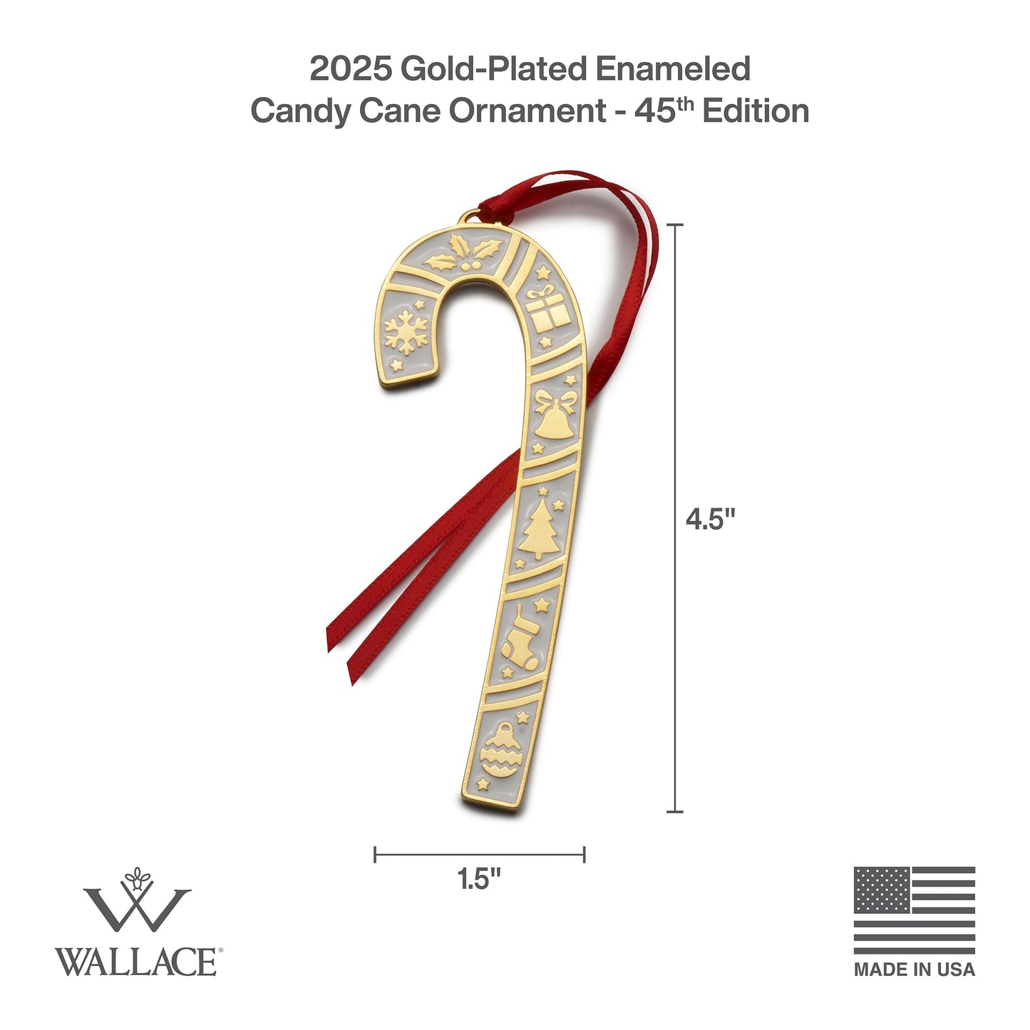 Wallace 2025 Gold-Plated Enamel Candy Cane Ornament - 45th Anniversary Edition - 24k Gold with Blue Enamel and Snowflake Design - 4.5 Inches - Holiday Collectible