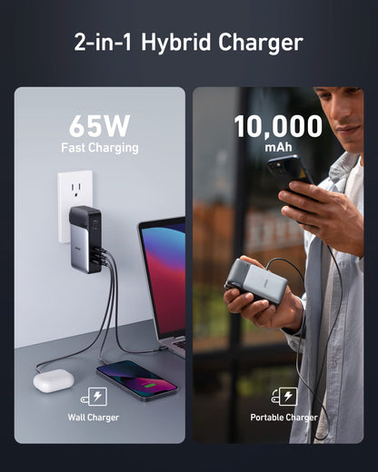 Anker GaNPrime Power Bank, 2-in-1 Portable Charger, 10,000mAh 30W USB-C Battery Pack with 65W Wall Charger, Works for iPhone 15/15 Plus/15 Pro/15 Pro Max/14/13, Samsung, Pixel, MacBook, Dell