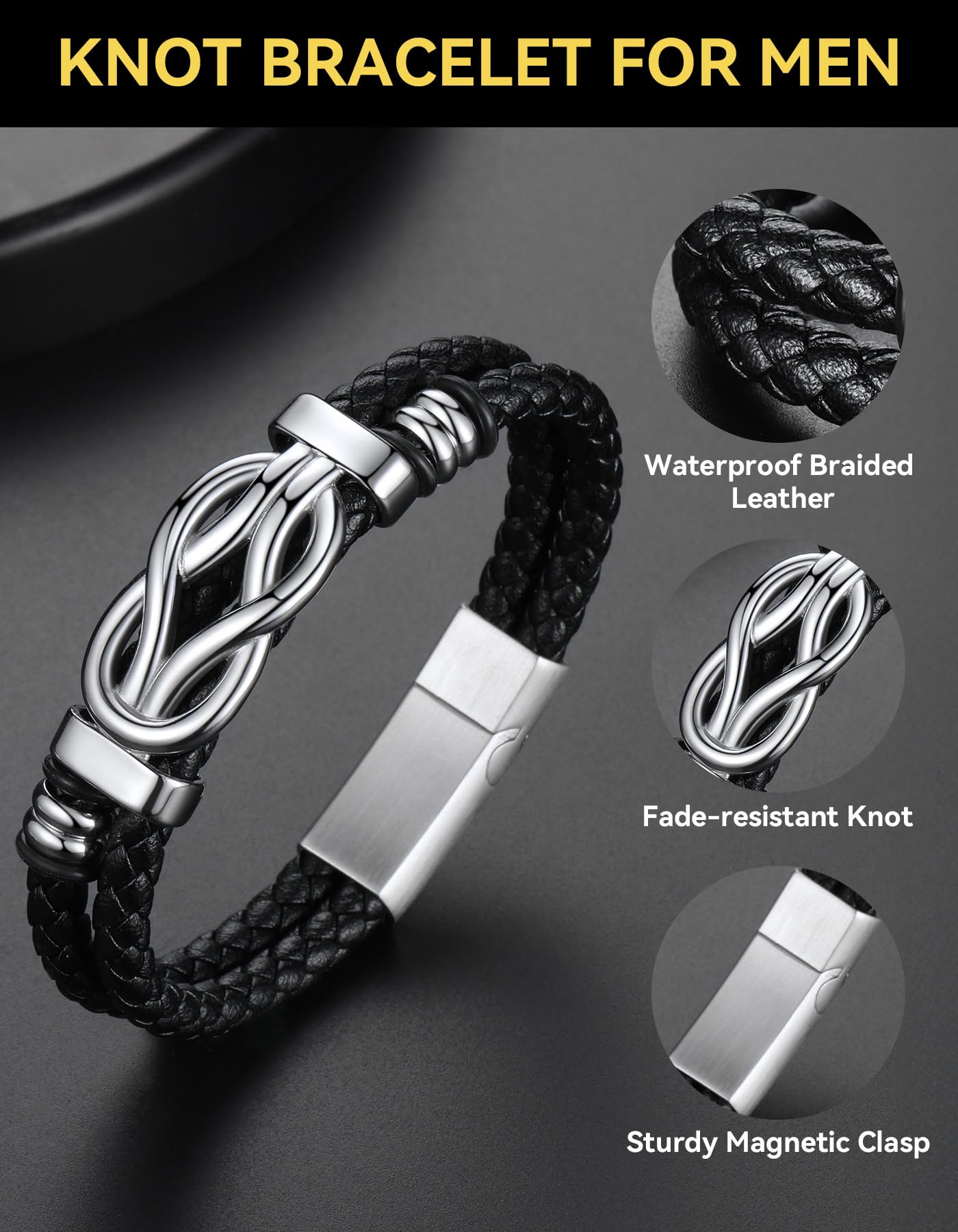 ChainsHouse Inspirational Gifts Bracelets for Men with Message Cards 8.3 Inches Braided Beaded Leather Square Knot Cuff Bracelet Birthday Gift for Dad