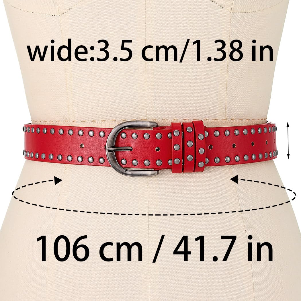 BODIY Rivet Leather Belt Black Vintage Waist Belts Y2K Wide Belts Western Studded Belt for Women (Red)