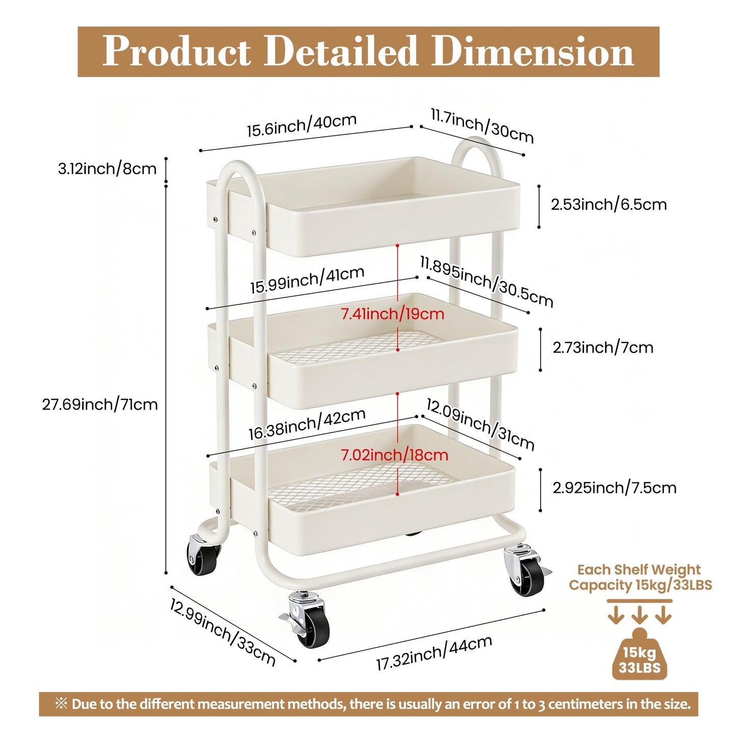 SIMHOMSTOR 3 Tier Metal Rolling Cart, Utility Storage Cart Shelf Organizer with Wheels for Home & Office, Cream