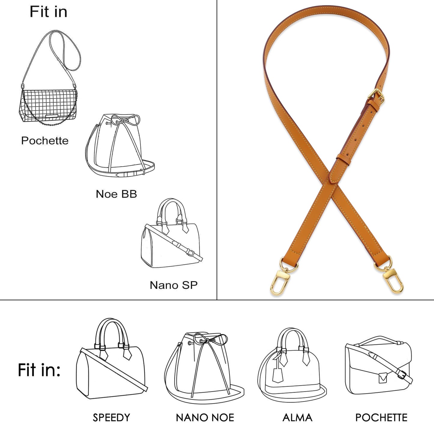 BMBMLV Vachetta Genuine Leather Adjustable Genuine Leather Crossbody Straps Replacement (Honey brown)