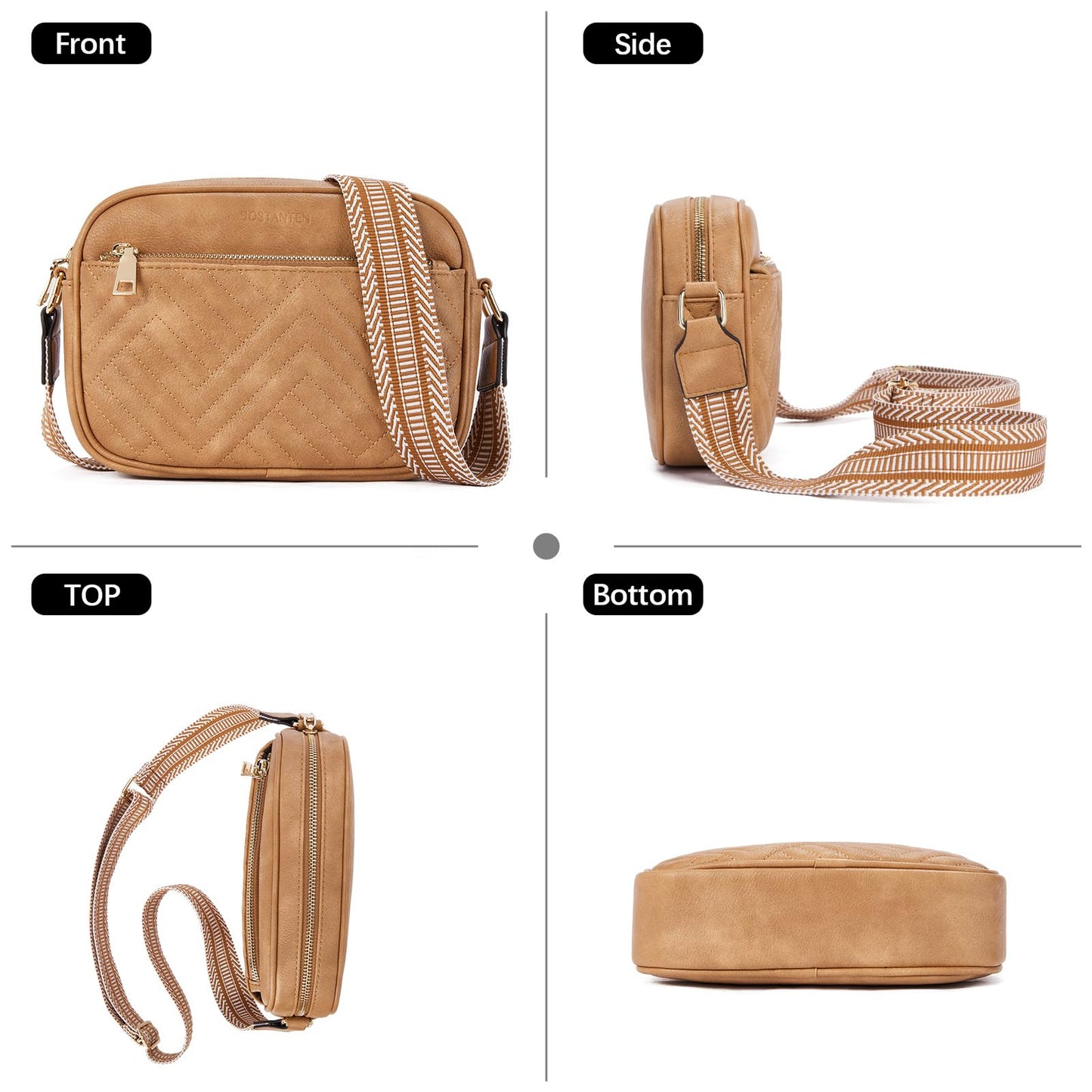 BOSTANTEN Quilted Crossbody Bags for Women Vegan Leather Purses Small Shoulder Handbags with Wide Strap Camel Brown