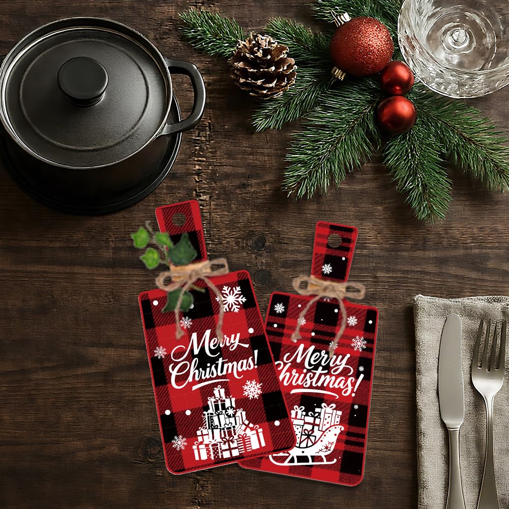 PH PandaHall 6pcs Christmas Wooden Sign, Red Plaid Christmas Kitchen Eat Sign Decorations Wall Decor Eat Art Hanging Fork Spoon Dining Signs for Home Kitchen Dining Living Room Bar Cafe