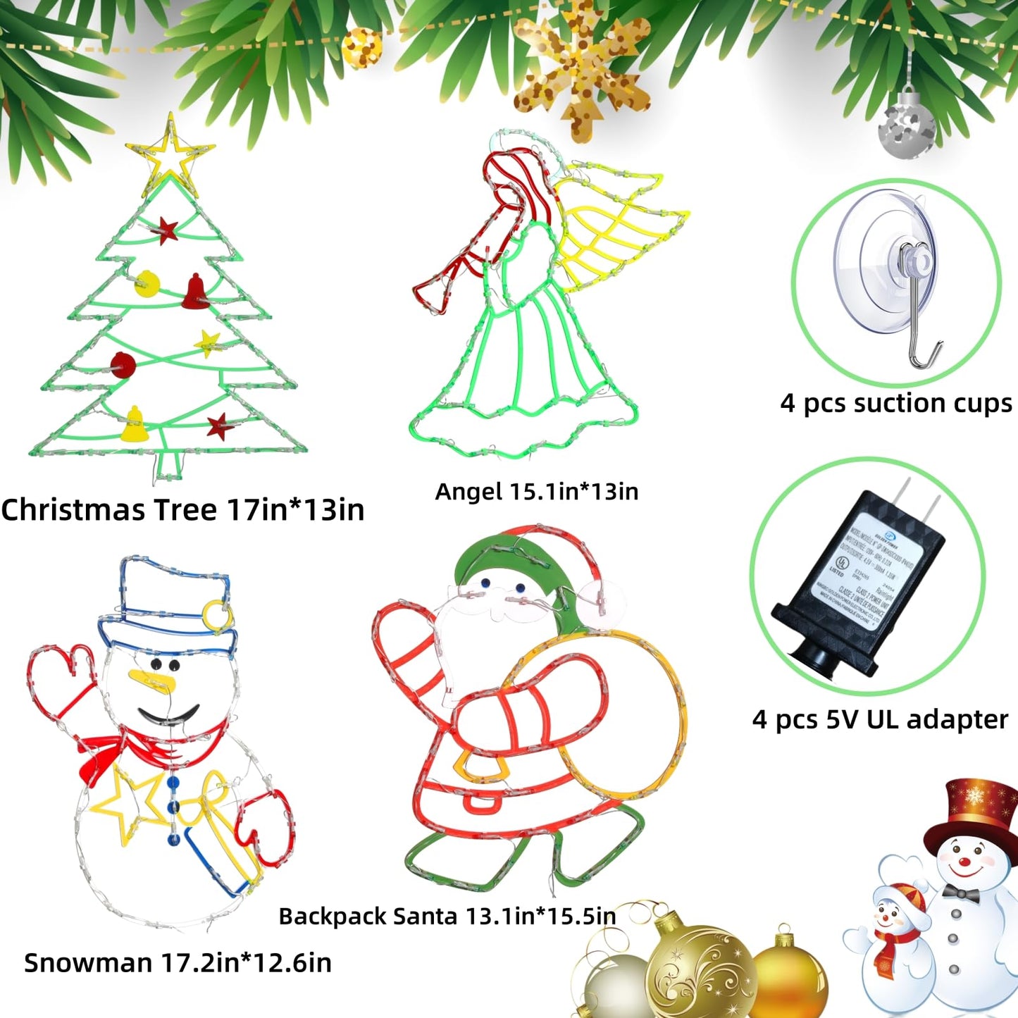 TRWYMZ Christmas Decorations - 16" Christmas Window Silhouette Lights - 4 Pack Colour Lighted Santa & Angel & Snowman & Christmas Tree for Holiday Indoor and Outdoor Wall Door Window Decorate