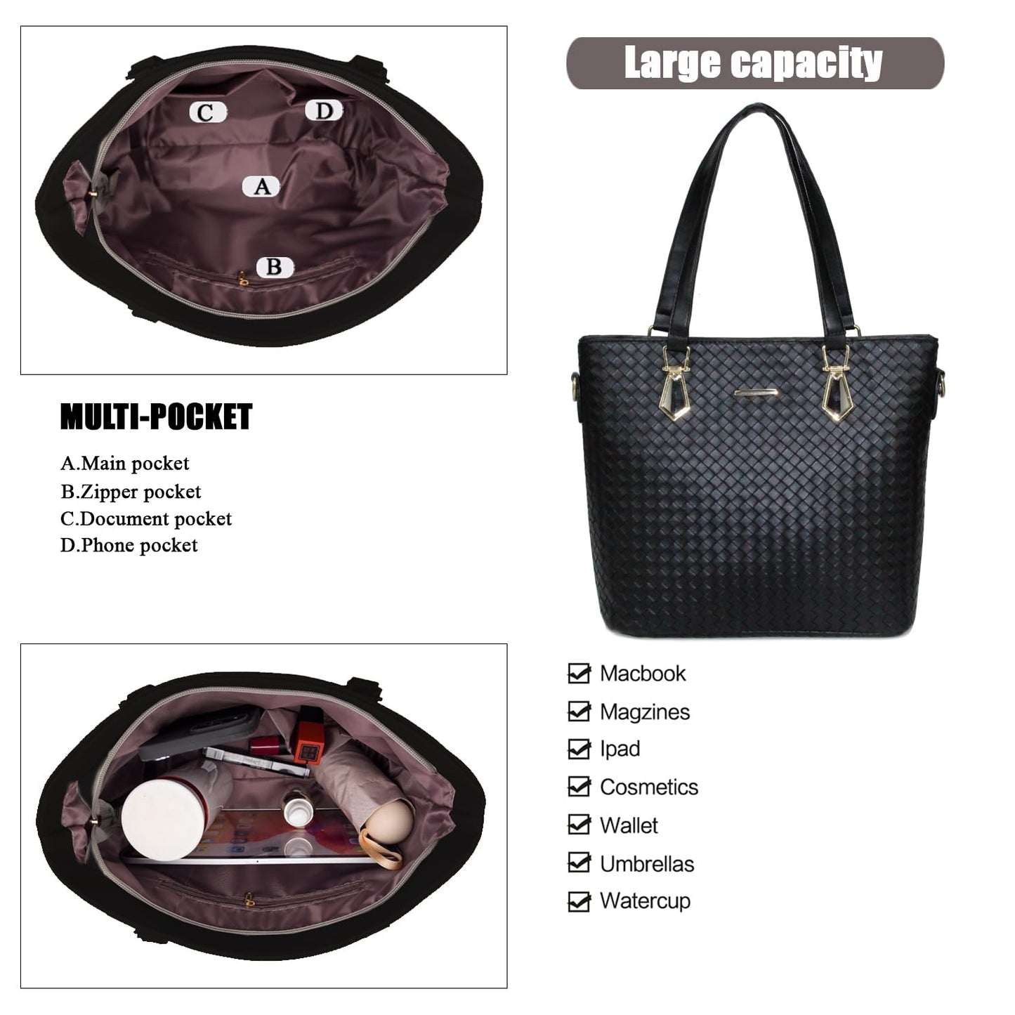 OTMIPIML Purses and Handbags for Women Synthetic Leather Tote Crossbody Bags Satchel Purses Set 6pcs (4A-Black-woven)