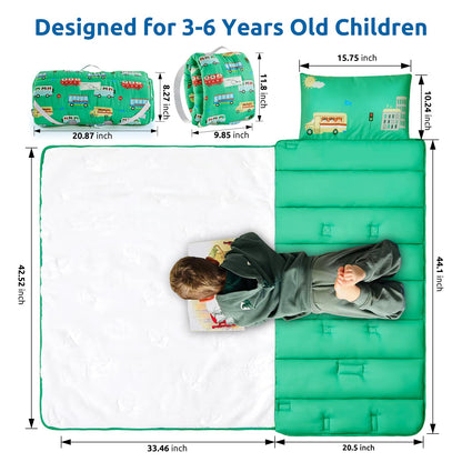 Safotad Toddler Nap Mat with Pillow and Blanket, Soft Sleeping Bag for Kids Boys and Girls, Slumber Bags Kids for Preschool, Daycare, Travel, Camping, 54" x 33" Great for Ages 3-6(Green)