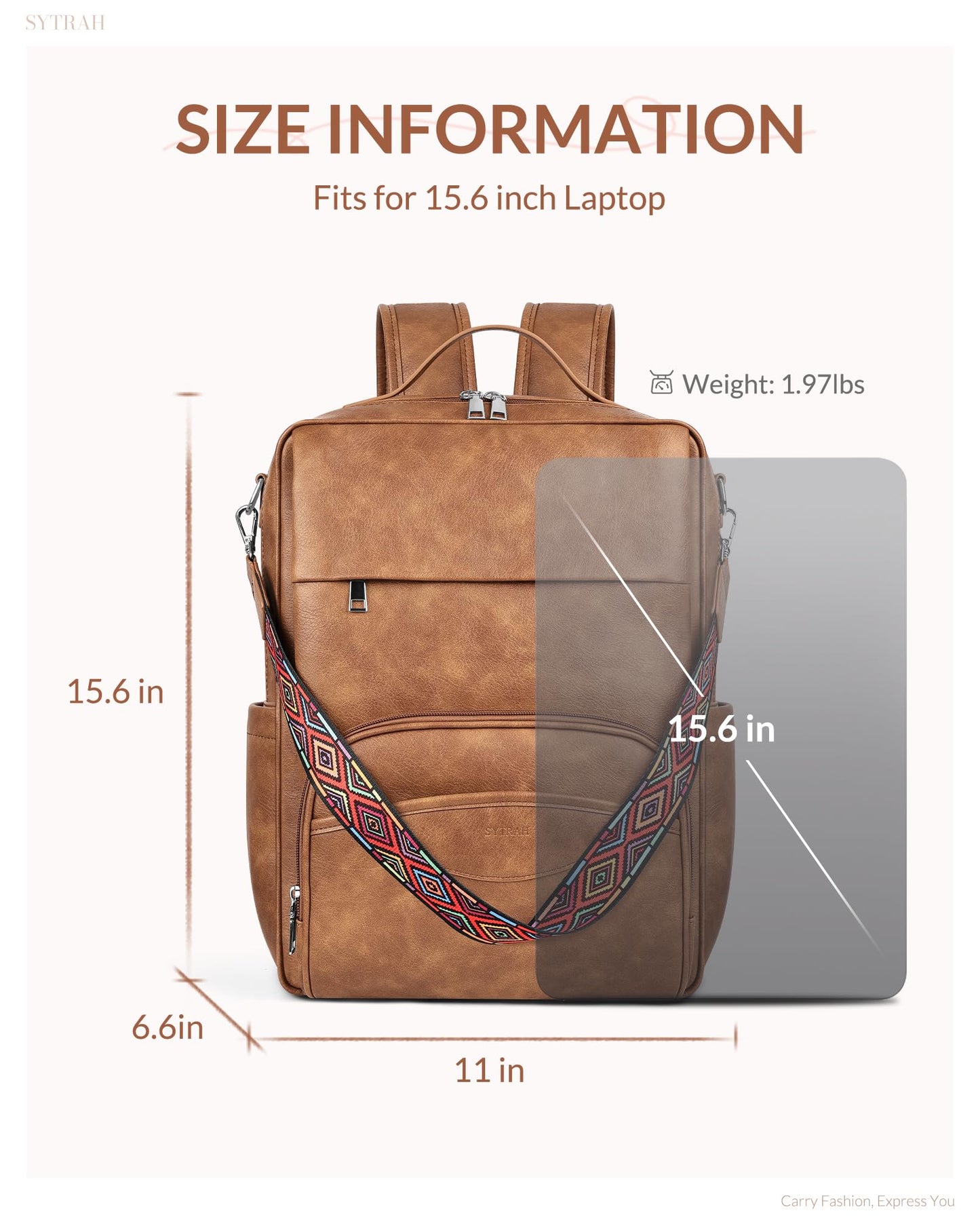 SYTRAH Leather Laptop Backpack for Women, 15.6 Inch Business Computer Bag, Designer College Backpack Travel Backpack with Colorful Shoulder Bag Strap Mocha Brown