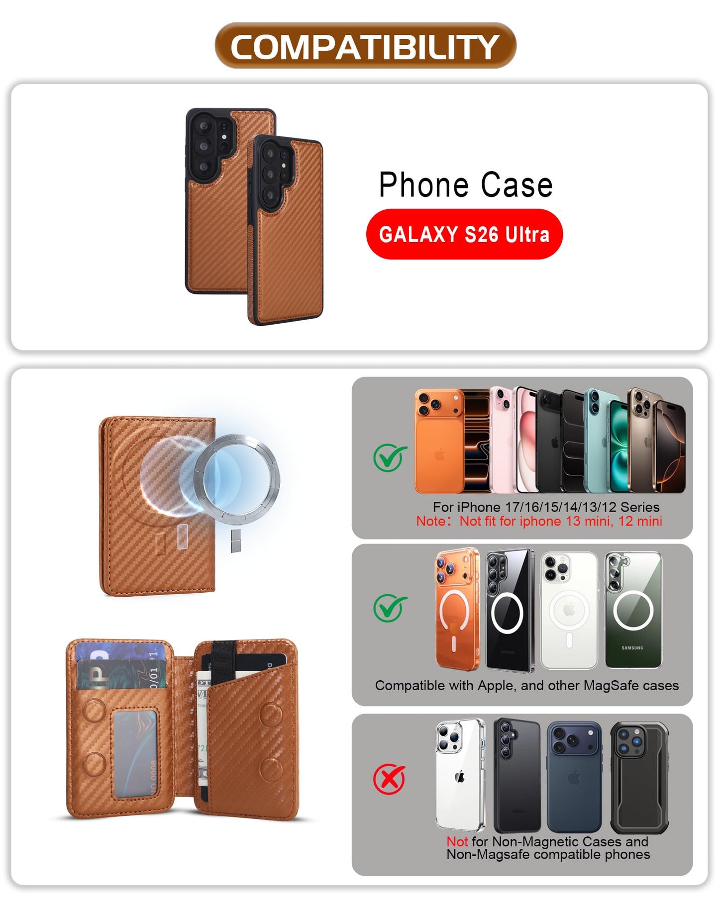ASAPDOS Magnetic Detachable Wallet Case for Samsung Galaxy S26 Ultra with Kickstand,2-in-1 MagSafe Compatible RFID Blocking Card Holder,Slim PU Leather Cover Vintage Carbon Coffee
