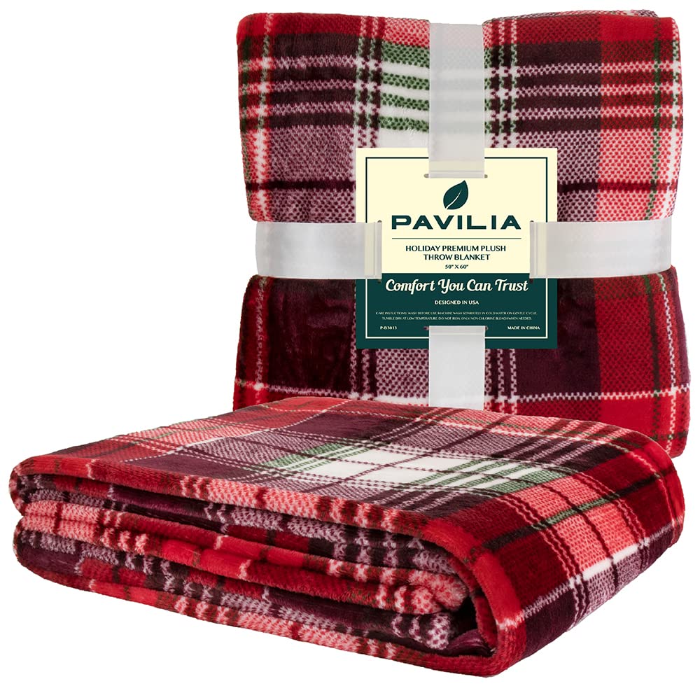 PAVILIA Throw Blanket | Holiday Christmas Red Fleece Blanket | Soft, Plush, Warm Winter Cabin Throw, 50x60 (Red Green Plaid)