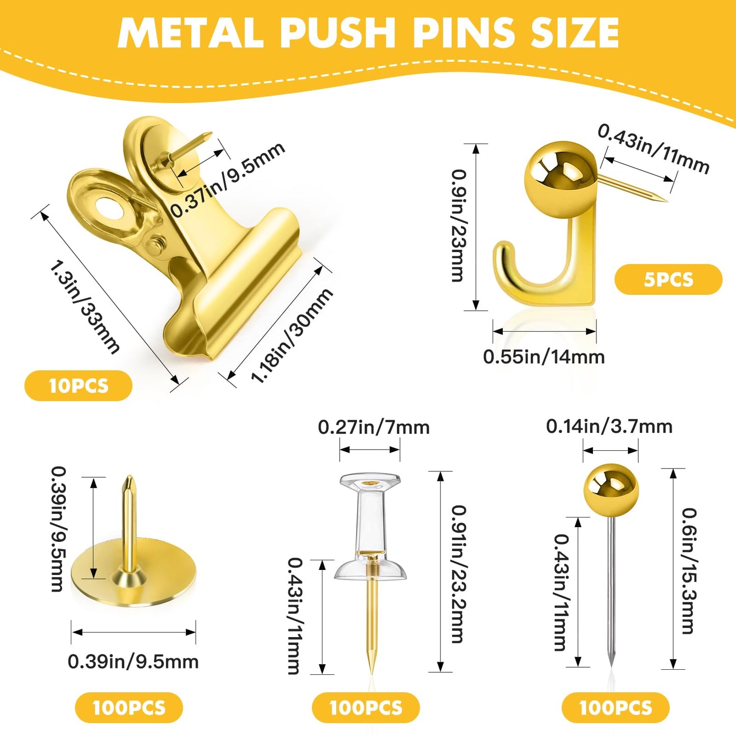 GOOLADA 315Pcs 5 Style Gold Push Pins, Decorative Push Pins, Cute Pushpin Clip, Push Pin Hooks, Gold Metal Thumb Tacks Office Accessories for Cork Board Map Office