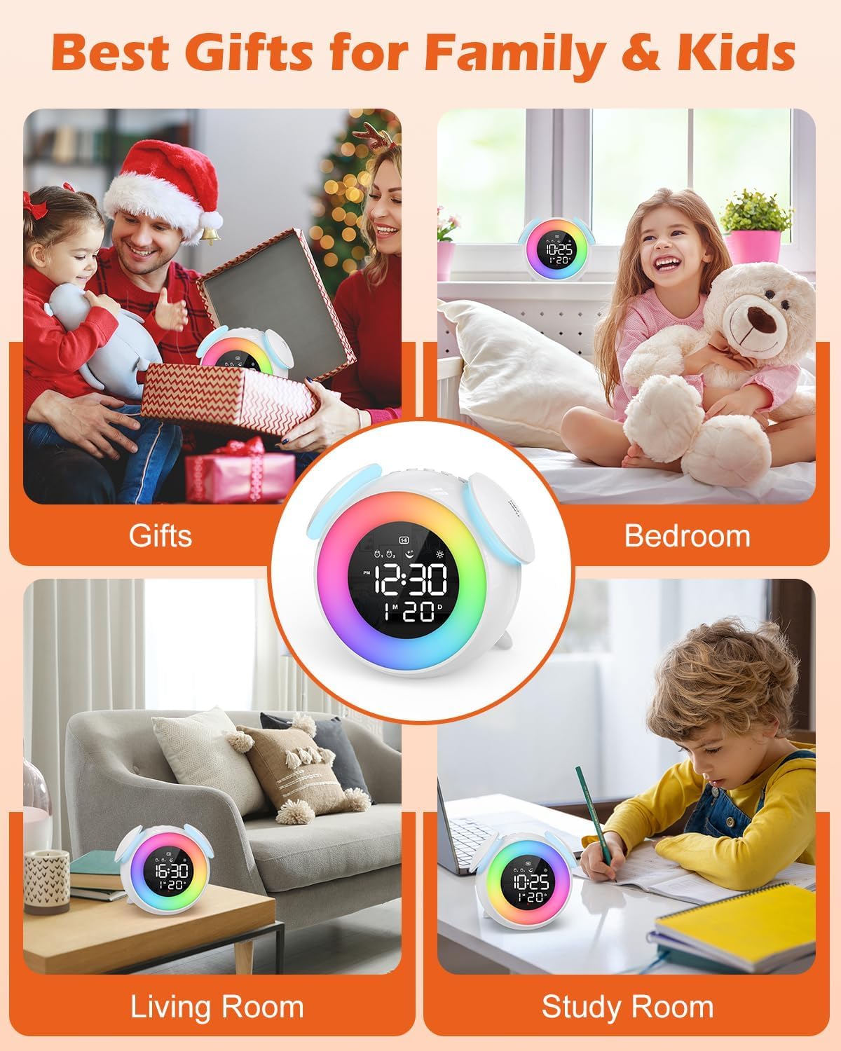 PENTASPI Alarm Clock for Kids, Ok to Wake Alarm Clock, Toddler Sleep Training Clock with Multi-Colors Night Light, 7 Ringtones, 3 Level Volumes, Dual Alarms, Snooze for Kids Girls Boys Adult
