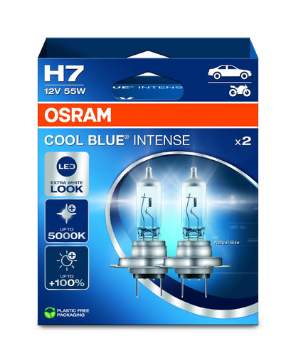 OSRAM COOL BLUE® INTENSE H7, +100% more brightness, up to 5,000K, halogen headlight lamp, LED look, Hanging folding box (2 lamps)
