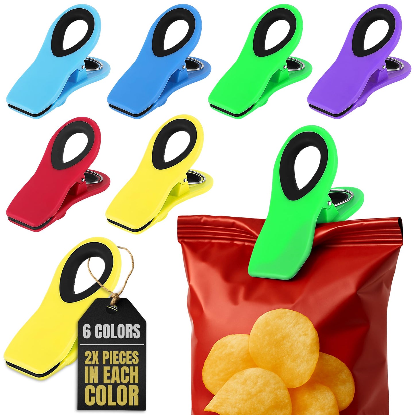 12 Pack Chip Clips for Laundry and Food - Magnetic Bag Clips for Food, Notes, Clothes, Bags - Plastic Heavy Duty Sealing Snack Bag Clips for Home and Office