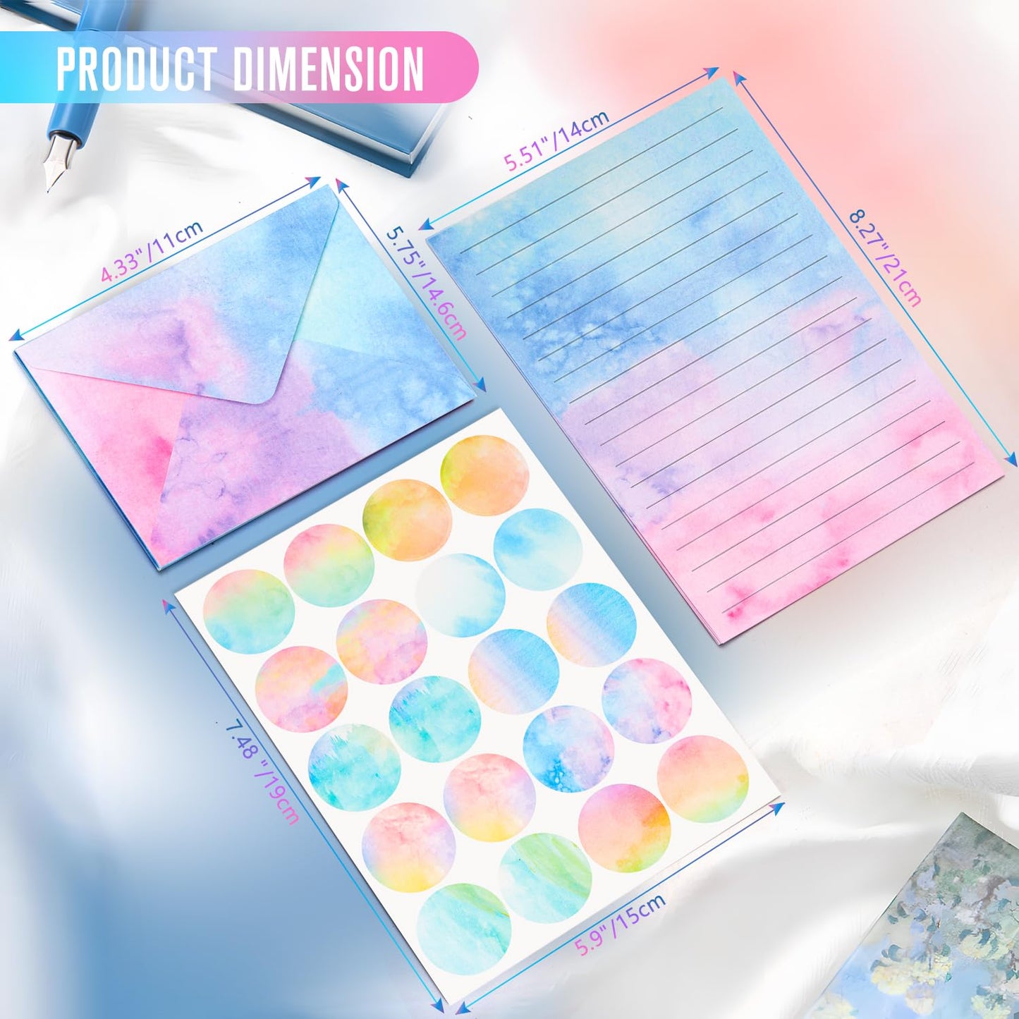 160 Packs Stationery Paper and Envelopes Set, 50 Lined Letter Writing Paper with 50 Matching Envelopes and 60 Round Sticker, 5.5" X 8.25" Cute Stationary Paper Kit with 10 Watercolor Design
