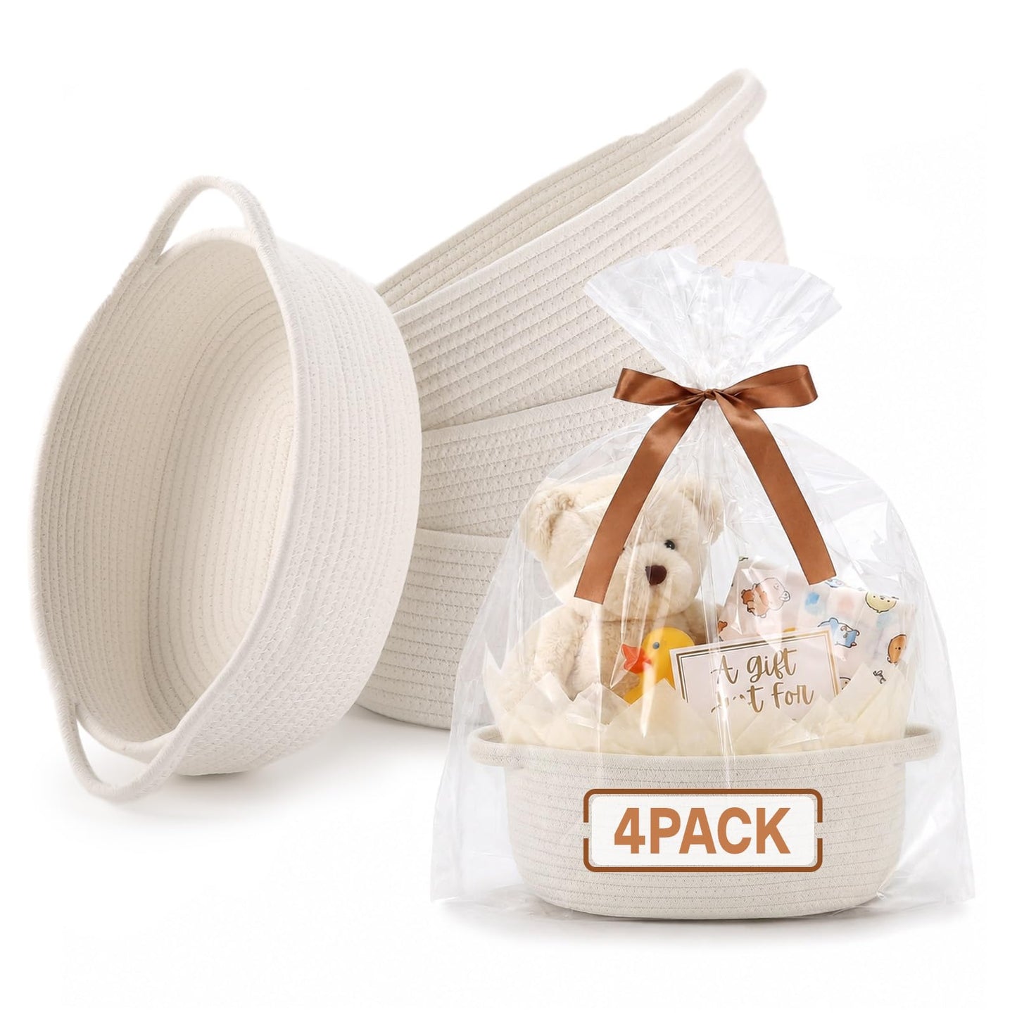 VIRETH HAUS 4 Pack Small Woven Baskets with Gift Bags, Ribbons, Wrap Tissue Papers – Gift Baskets Empty to Fill for Valentines, Baby Shower, Easter, Christmas Day, Decorative Storage Bins for Toys