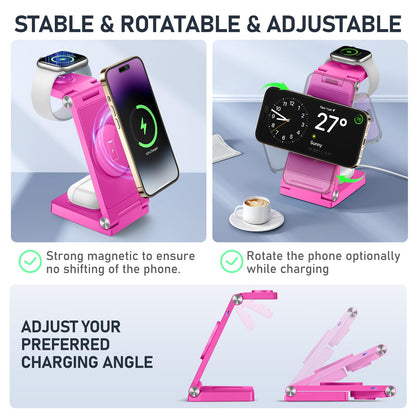 Magnetic Wireless Charger Stand, 3 in 1 Foldable Wireless Charging Station with 20W Adapter, Travel Charger for Multiple Devices for iPhone 17 16 15 14 13 12 Pro/Max/Plus/Mini, iWatch, AirPods