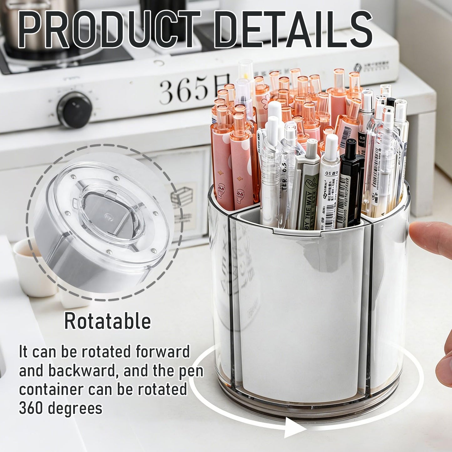 Hikiwin 360 Rotating Plastic Desk Pen Organizer, Rotating Detachable Desk Organizer, Multi Compartment Pen Holder, 5 Slots Unique Make Up Brushes Cup for Cosmetics, Art Supply, White, 1 Piece