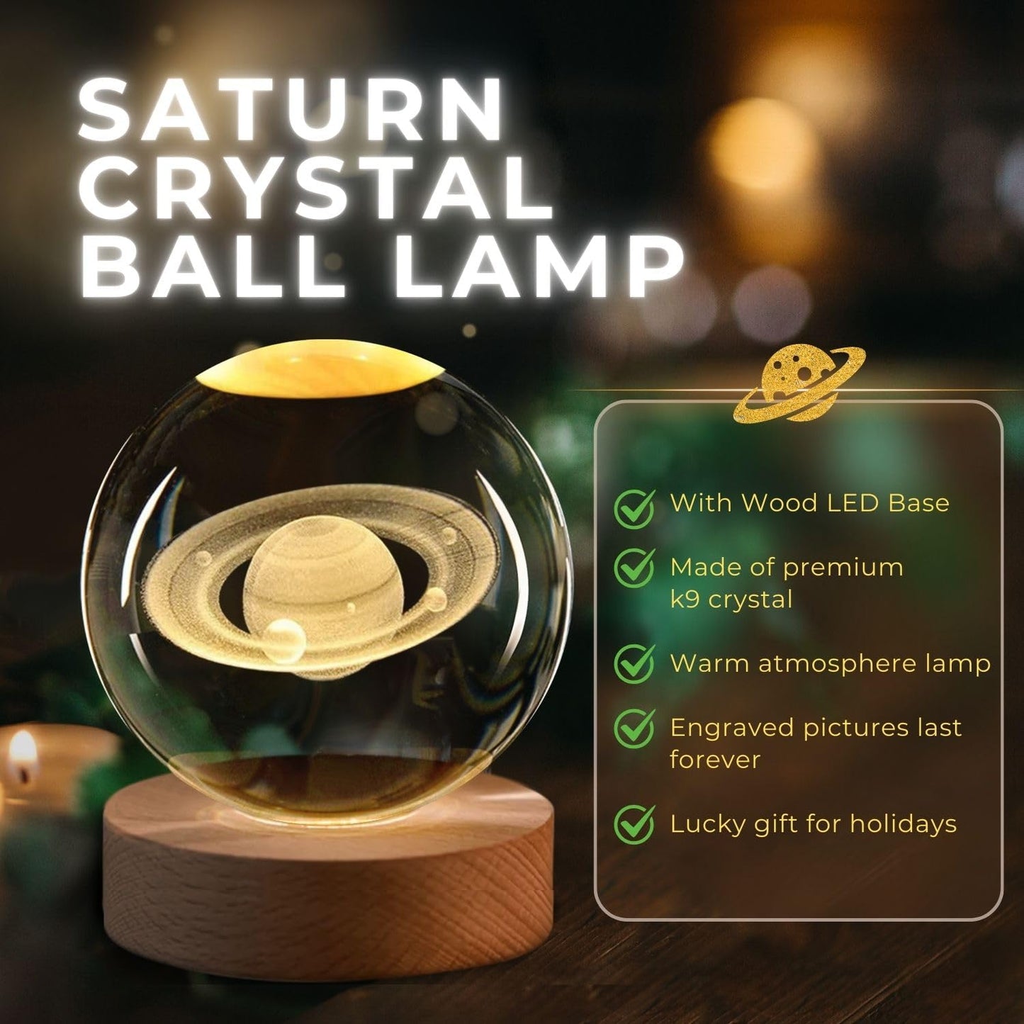 Flexzion 3D Saturn Crystal Ball Night Light - LED Light Hologram Glass Lamp with Solid Wood Base, USB Powered Crystal Ball Lamp with Adjustable Brightness for Home Decor Display Gift, 2.4inch(60mm)