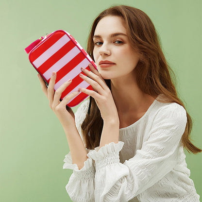 EMBRUNIOICE Stripe Makeup Bag Travel Cosmetic Bag Organizer Tassel Toiletry Bag Large Canvas Zipper Pouch and Accessories Storage Bag for Women (Red with Pink)