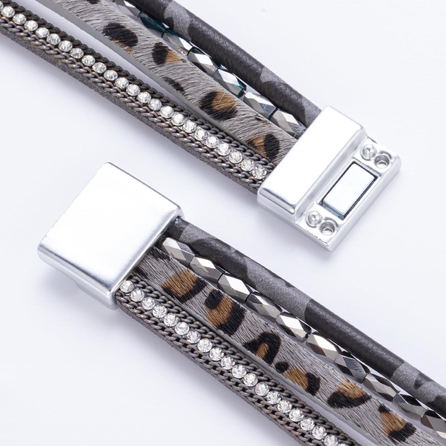 FANCY SHINY Boho Leather Wrap Bracelet Stackable Chunky Crystal Cuff Bracelets with Magnetic Clasp Cowboy Cowgirl Western Summer Beach Outfits Jewelry Gifts for Women (7.7", Grey Leopard)