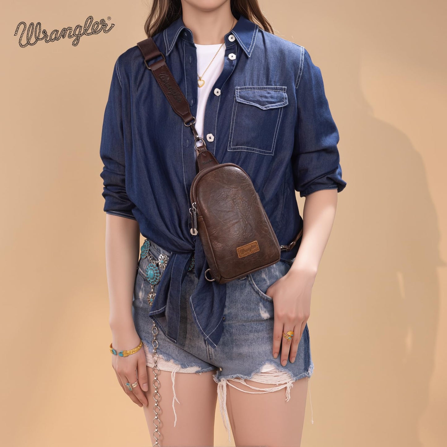 Wrangler Small Sling Bag for Women, Leather Crossbody Bags Cross Body Purse Fanny Packs with Adjustable Strap, WG-HB-87-210-CF