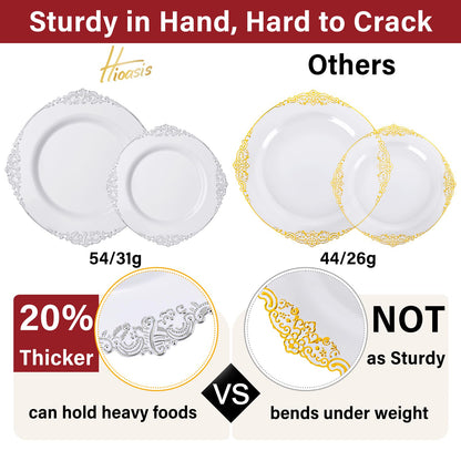 Hioasis 210pcs White and Silver Plastic Plates - Elegant Disposable Dinnerware Set Suitable for 30 Guests Include 10.25 Dinner & 7.5 Dessert Plates, Pre Rolled Silverware Set, Cups for Party & Wedding