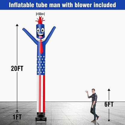 20FT Tall Inflatable Tube Man American Flag Wacky Wavy Dancing Guy with 1.5 HP Weather-Resistant Blower (18''Diameter) for Outdoor Decoration Advertising Business Promotion