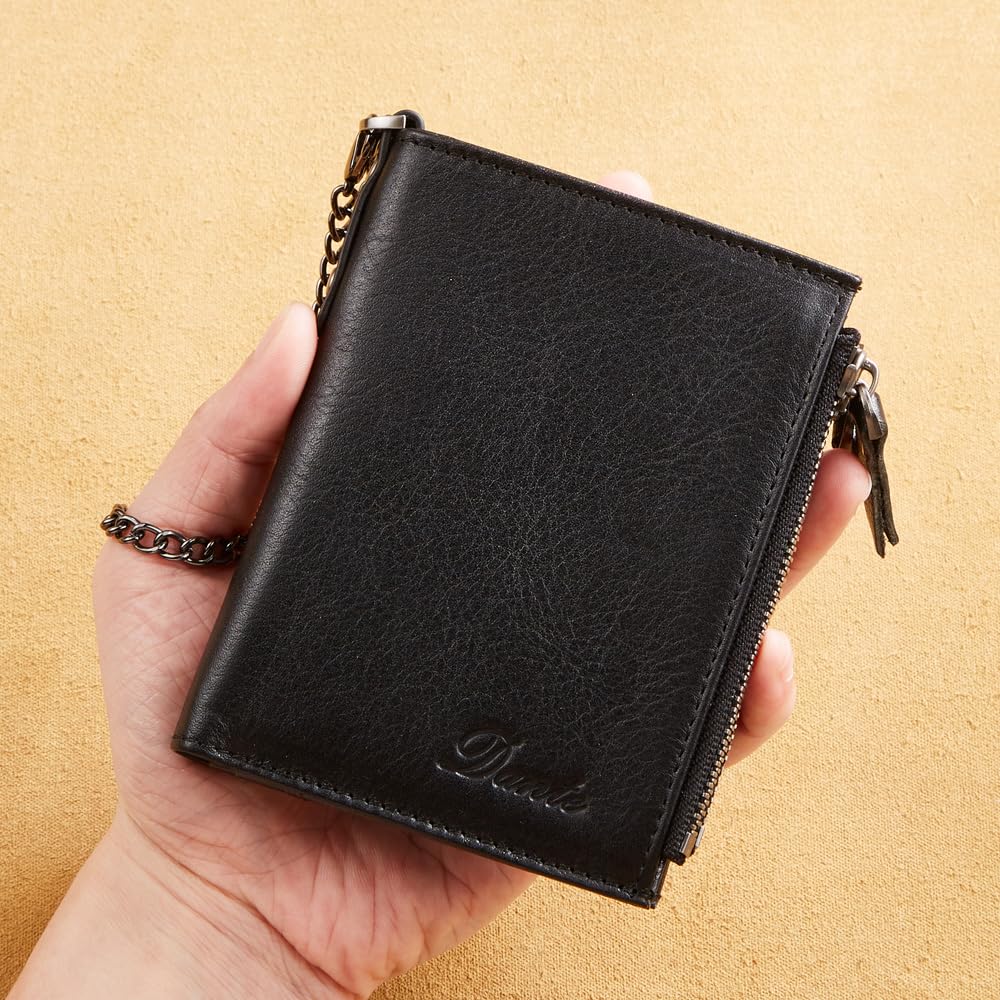 Wallet with Chain for Men Women Genuine Leather RFID Blocking Bi-Fold Wallet with Chain, Zip Coin Pocket, Credit Card Holder, Transparent ID Window for Driver License Biker Punk Hip Hop Style (Black)
