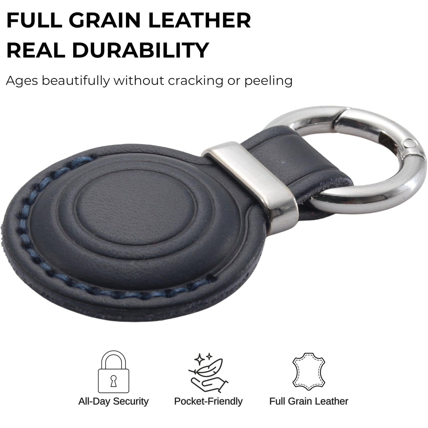 Toprank Leather AirTag Holder Keychain – Full Grain Leather Case Compatible with Apple AirTag, Hidden Secure Design, Slim Protective Cover (Navy Blue)
