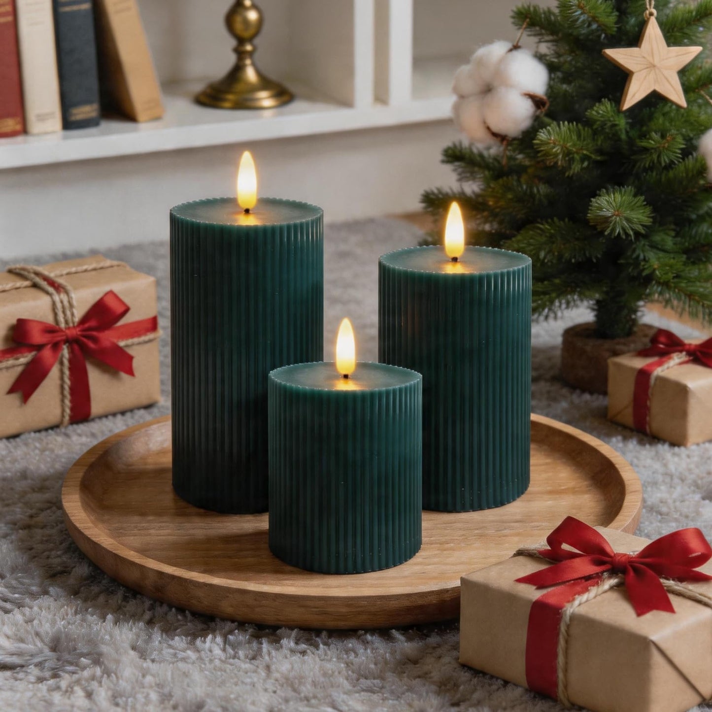 KiimLaa Christmas Green Ribbed Flameless Pillar Candles with Remote, Real Wax Flickering LED Candles Battery Operated with Timer, Set of 3 LED Candles for Wedding, Party, Dinner, Home Decor