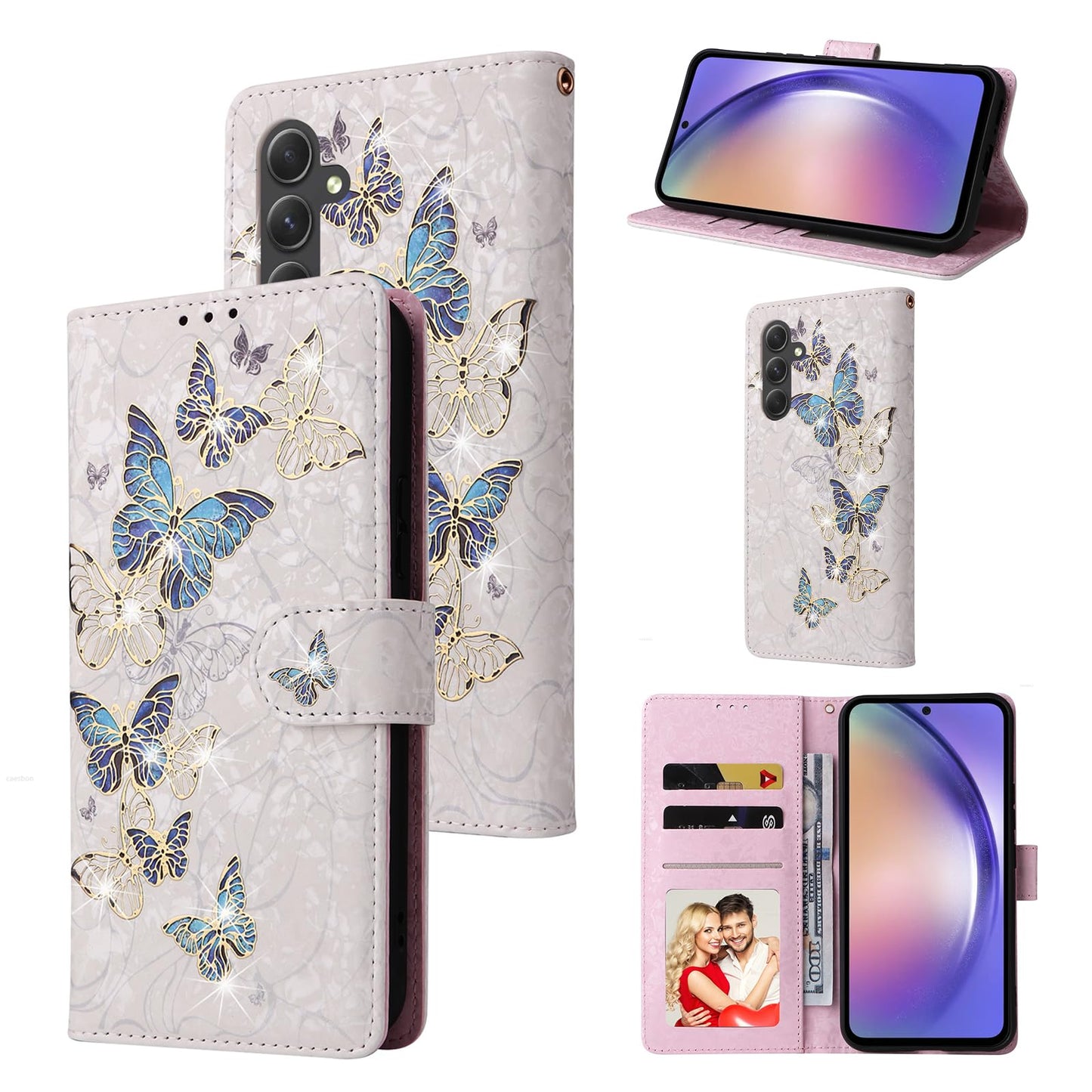 UEEBAI Wallet Case for Samsung Galaxy S25 Plus 5G, PU Leather Phone Case Kickstand RFID Blocking Flip Case Card Slots Wrist Strap Relief Engraved Pattern Magnetic Closure Flower Case, Blue Butterfly