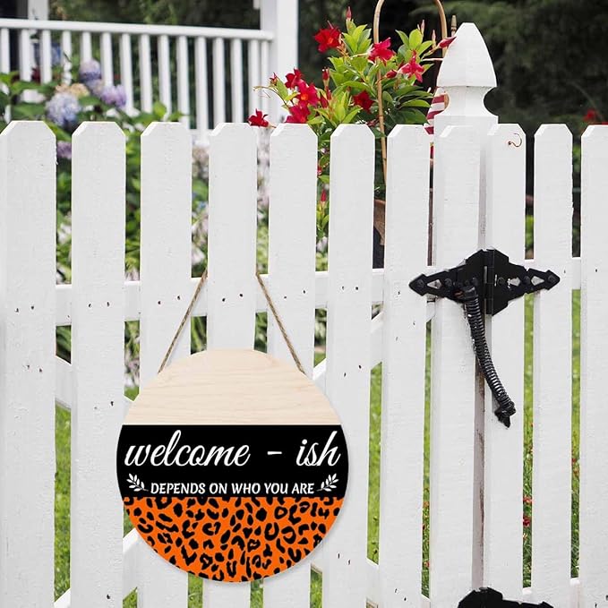 Welcome Sign for Front Door Decor Wreath Orange Leopard Print 12inch Decor Wood Hanging Door Sign for Home Outdoor Indoor