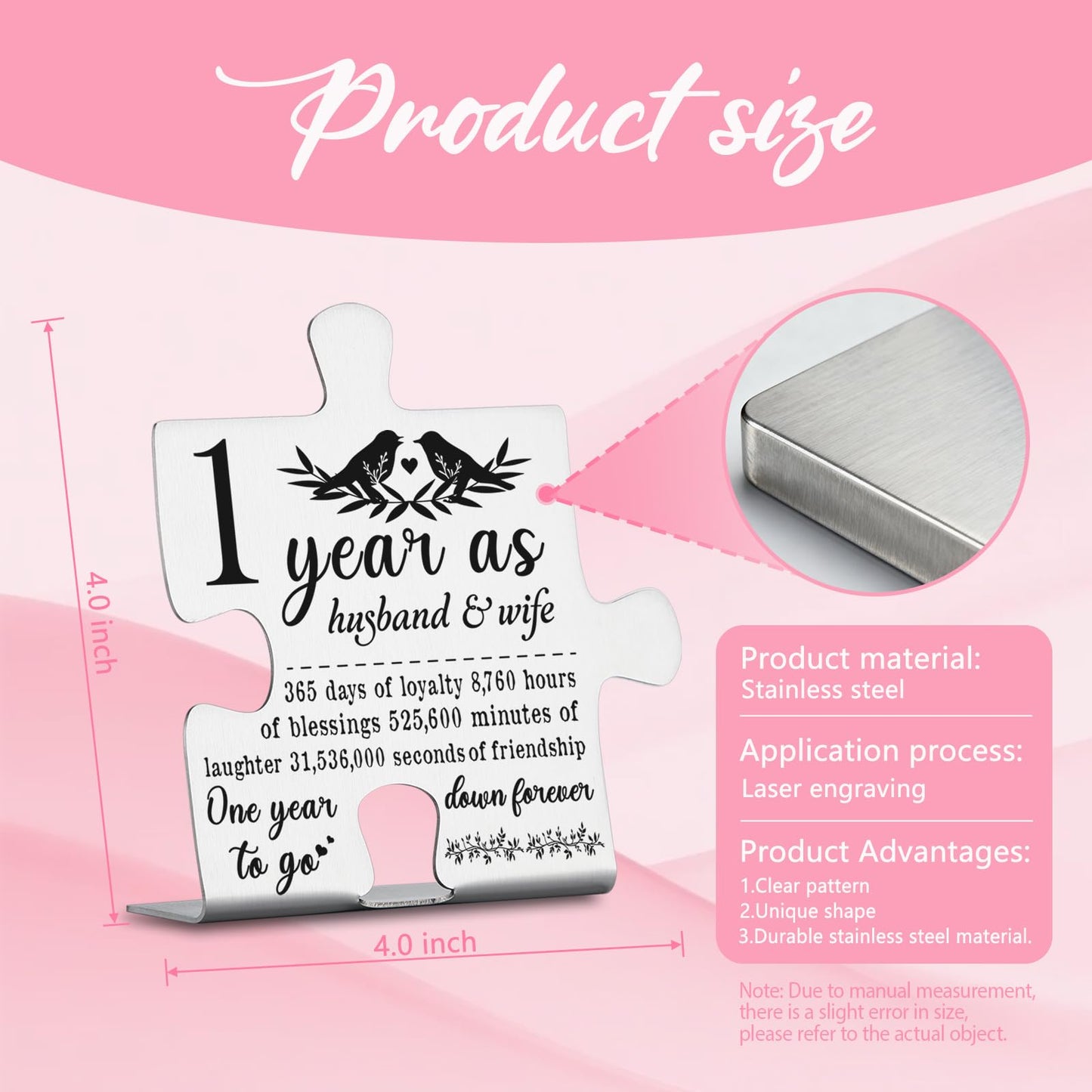 1 Year Anniversary Plaque Gift for Husband Wife, 1st Marriage Gift for Couple Ornament Decor Stainless Steel Puzzle Piece Decorative Signs Plaques YPP7