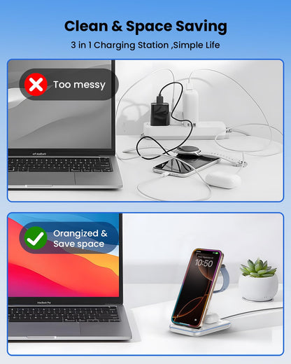 Wireless Charging Station for Apple - 3 in 1 Wireless Charger Stand Dock Watch and Phone Charger Station for Apple Watch 11/8/7/SE/6/5/4/3/2, iPhone 17 16-12 Pro Max SE XS X, Samsung, AirPods Pro/3/2