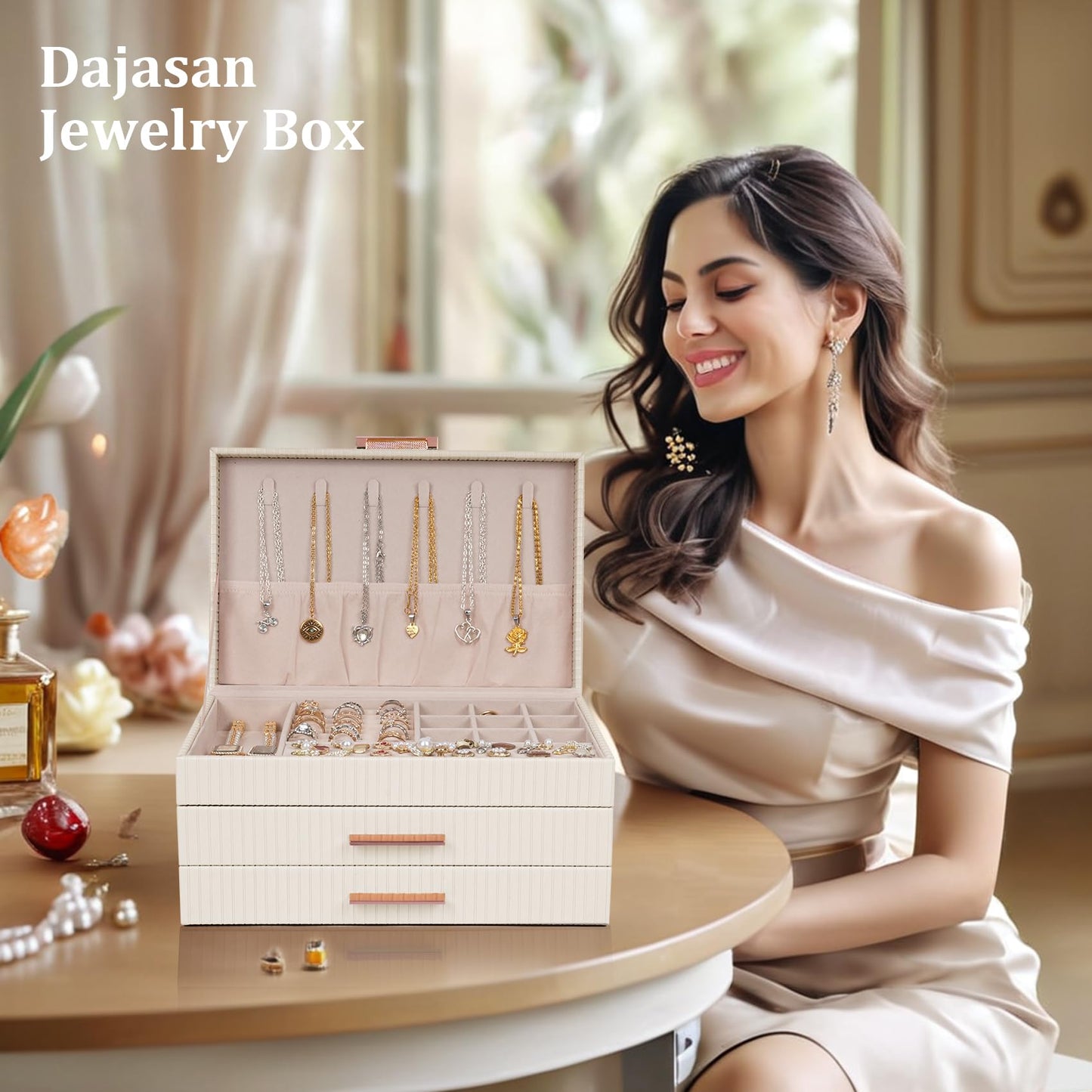 Dajasan Jewelry Box Organizer, 3-Tier Jewelry Storage Organizer with 2 Drawers, Large Jewelry Boxes for Women, PU Leather Surface with Texture, Gift Idea, Modern Style (Beige)