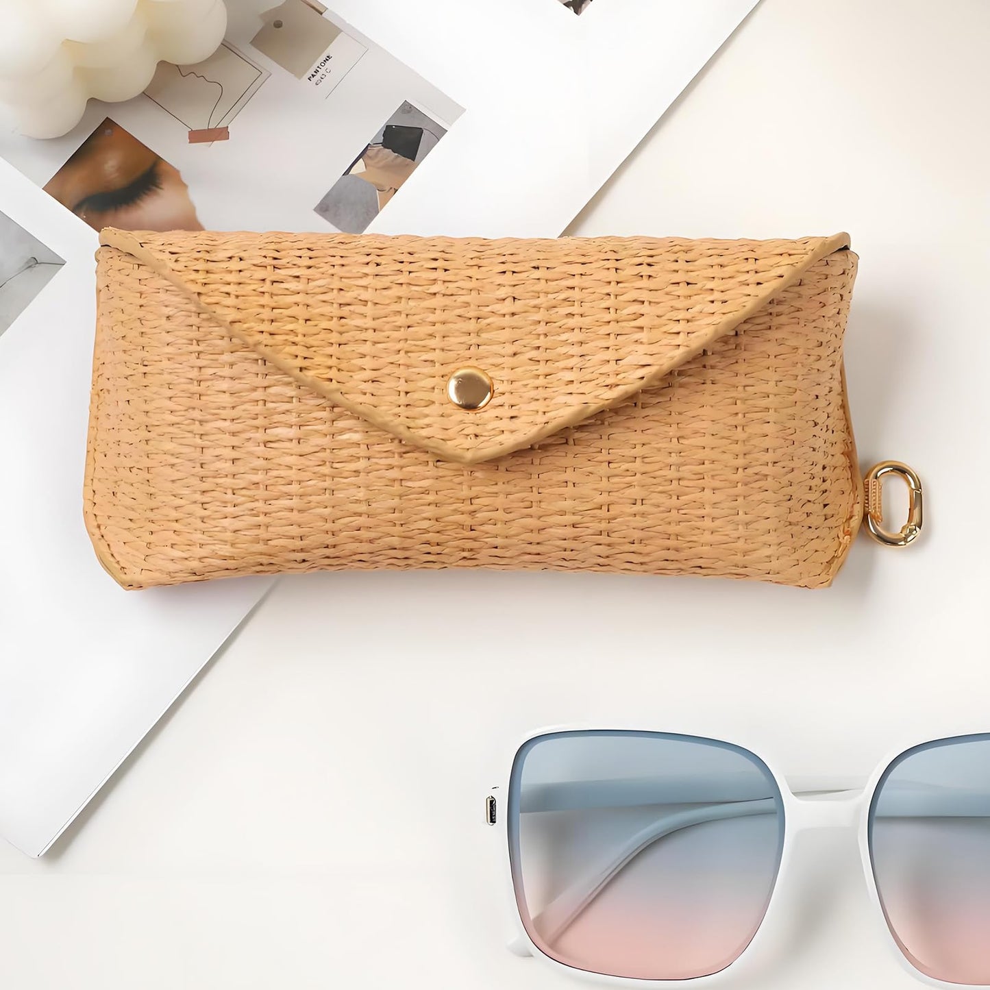 kytasryl Soft Leather Sunglasses Bag,Travel Sunglass Holder Eyeglass Case Portable Slim Sunglasses Pouch (Woven Straw)