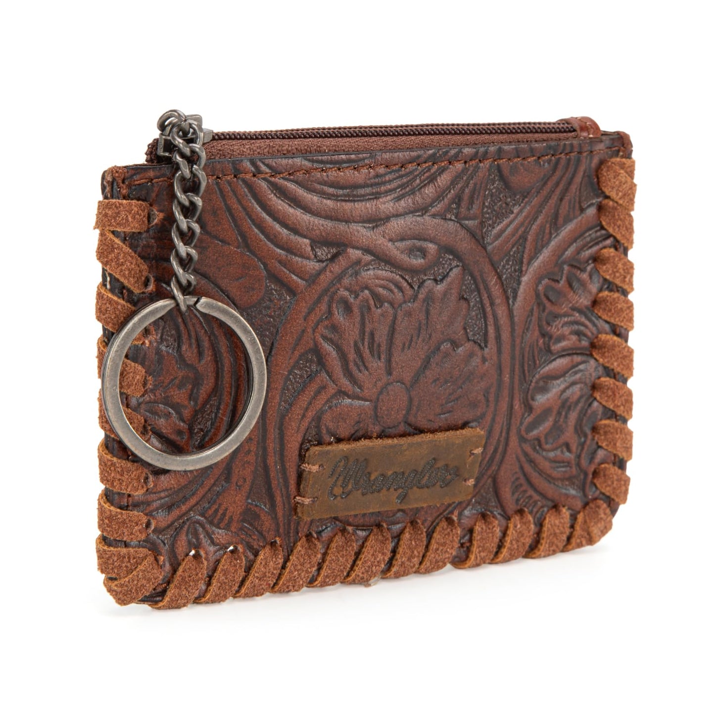 Montana West × Wrangler Leather Change Wallet with Keychain for Men Women Small Coin Pouch Western Design, Brown