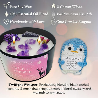 Moira's Bazaar Winter's Joy Gift Set –16 Oz 50 Hr Scented Candle with Crystals & a Crochet Positive Penguin | Christmas, Holiday, or Motivational Gift, Artisanal Luxury Fragrances (Twilight Whisper)
