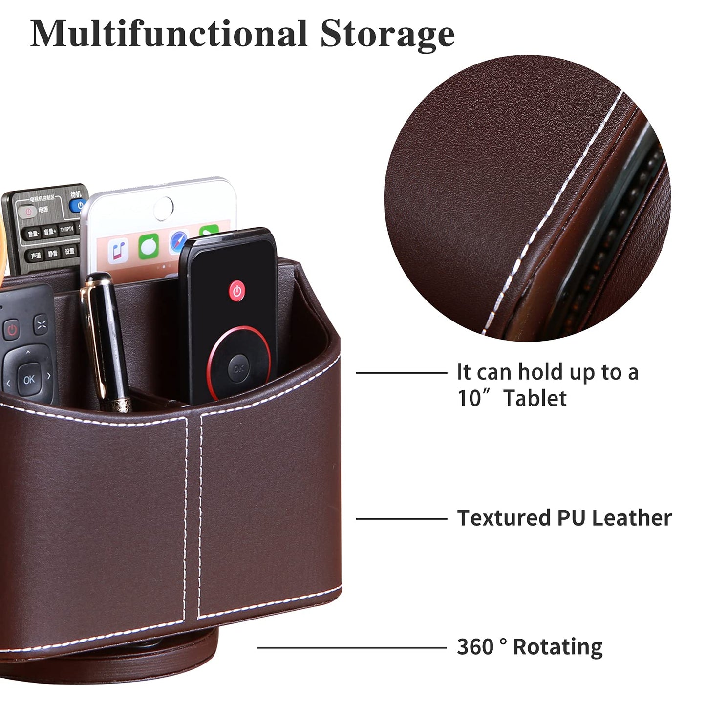 YAPISHI Leather Remote Control Holder, 360 Degree Spinning Desk TV Remote Caddy/Box, Coffee Table Organizer for Controller, Media, Calculator, Mobile Phone and Pencil Storage